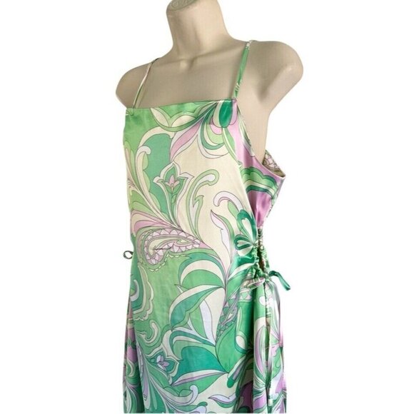 Christian Lacroix Woman's Sz L Green Pink Paisley Satin Keyhole Side Dress - Picture 2 of 11
